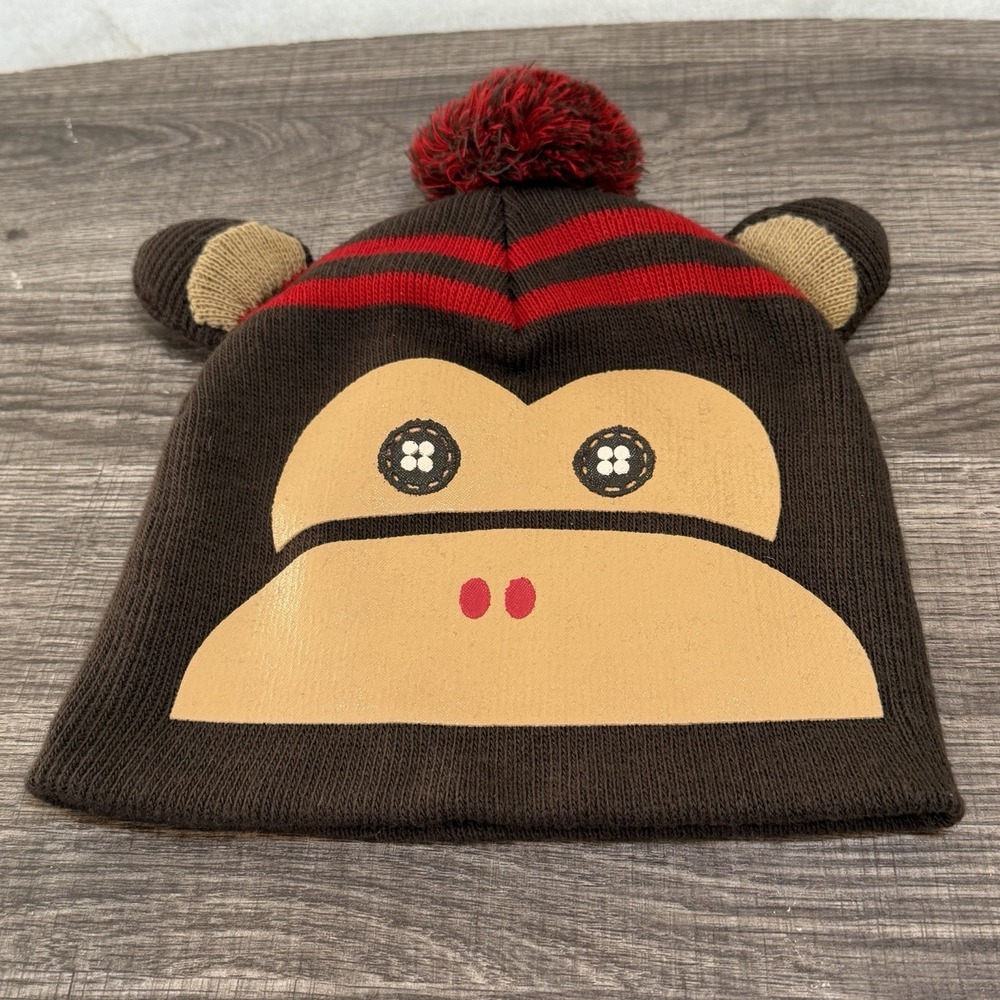 JOE BOXER Toboggan Winter Hat One Size Brown Red Monkey Puff Ball Beanie Ears